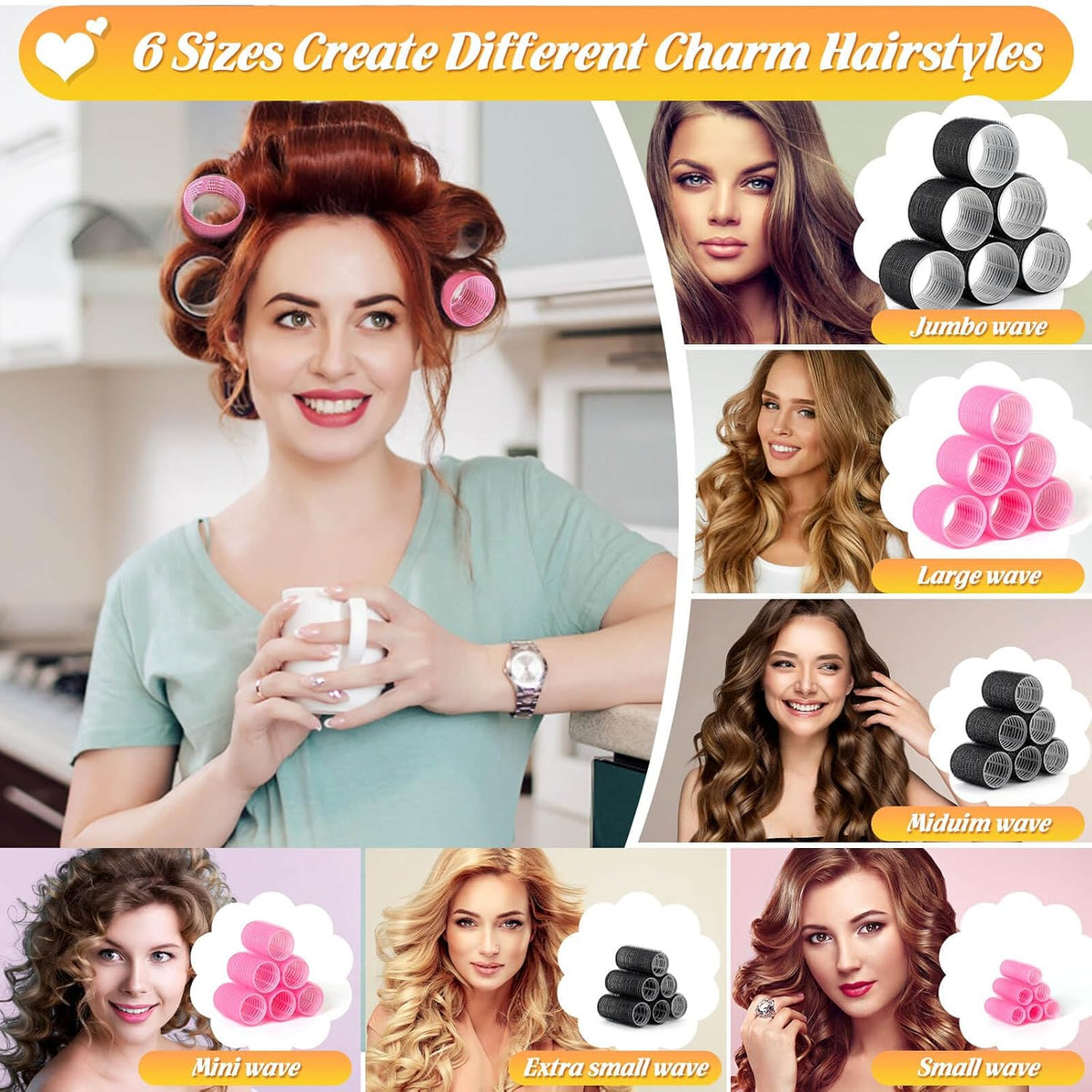 6 Sizes Self-Grip Hair Rollers,62 PCS Hair Curler Set with Clips | (20mm, 28mm, 36mm, 44mm, 55mm, 64mm) Self-Grip