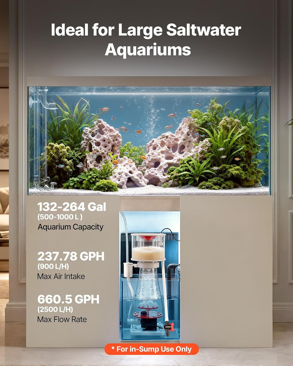 Protein Skimmer for 132-264 Gal Saltwater Aquariums In Sump with Pump, Protein Skimmer with DC Pinwheel Pump