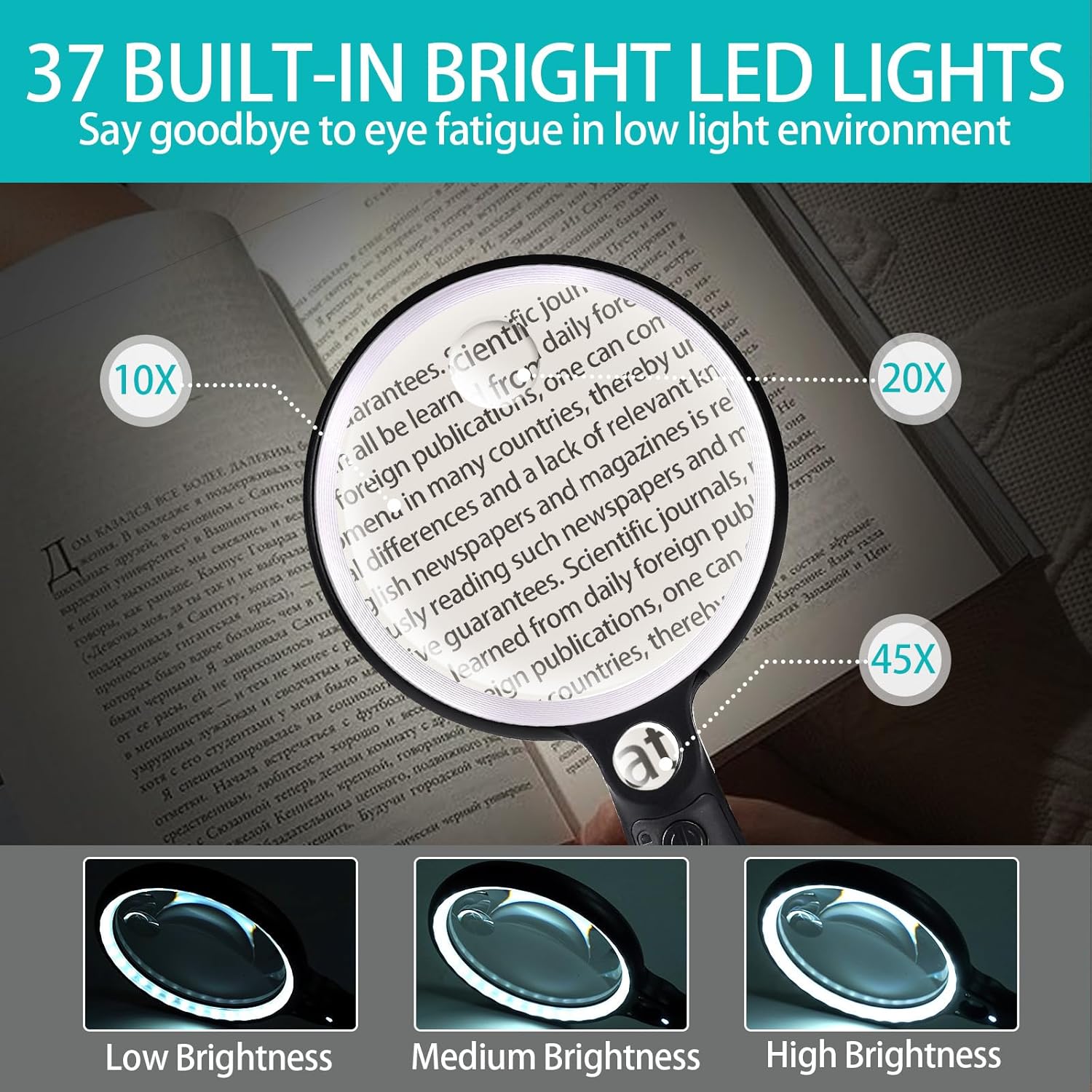 Large Magnifying Glass with 37 LED Light, 10X 20X 45X Handheld Illuminated Lighted Magnifier with 3 Light Modes