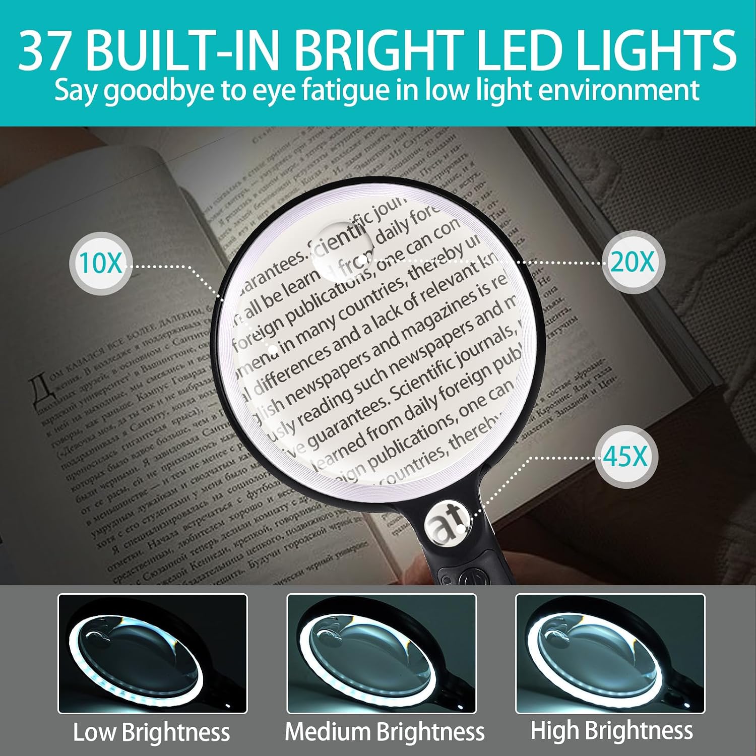 Large Magnifying Glass with 37 LED Light and Case, 10X 20X 45X Handheld Illuminated Lighted Magnifier with 3 Light