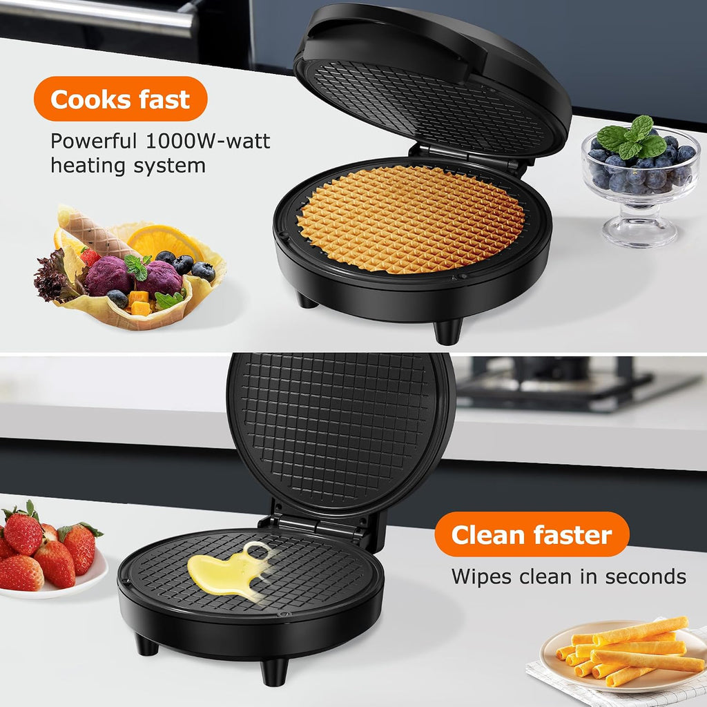Waffle Cone Maker, 750W Thin Waffle Maker (Ice Cream Cone) with Shaper Roller, 7.08" Nonstick Plate
