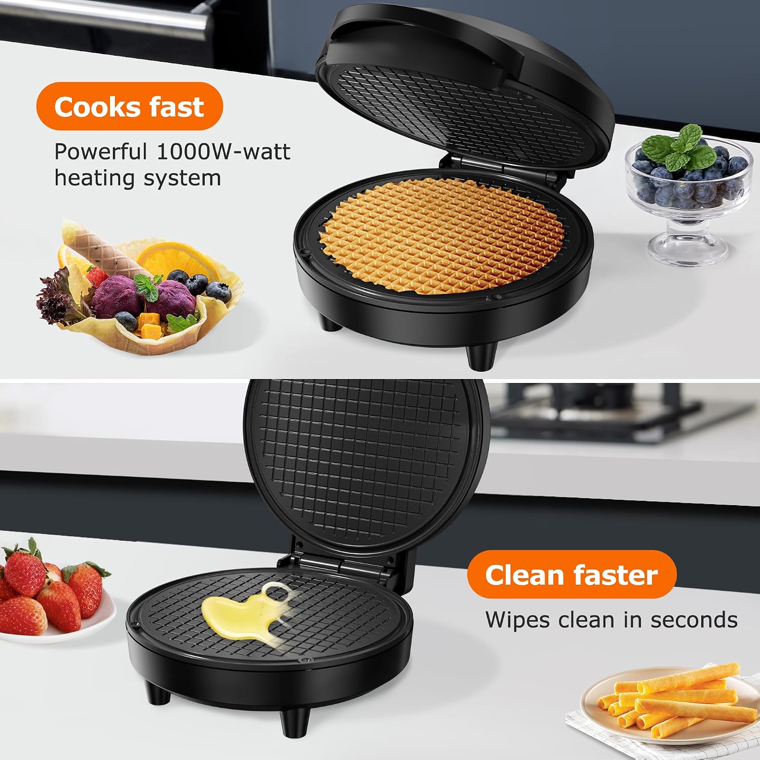Waffle Cone Maker, 750W Thin Waffle Maker (Ice Cream Cone) with Shaper Roller, 7.08" Nonstick Plate