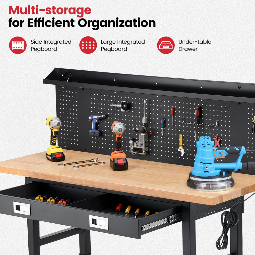 60" Heavy Duty Workbench with Wheels, Adjustable Height Garage Work Bench with Solid Rubberwood Top, Drawer, Pegboard