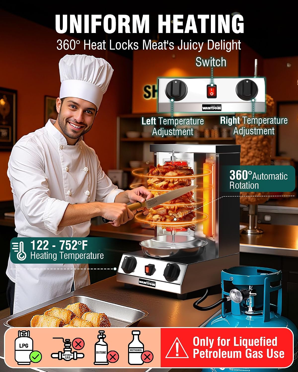 Shawarma Grill Machine - Gas Vertical Rotisserie with 2 Burners and Drip Pan for Home Use, Stainless Steel Rotating
