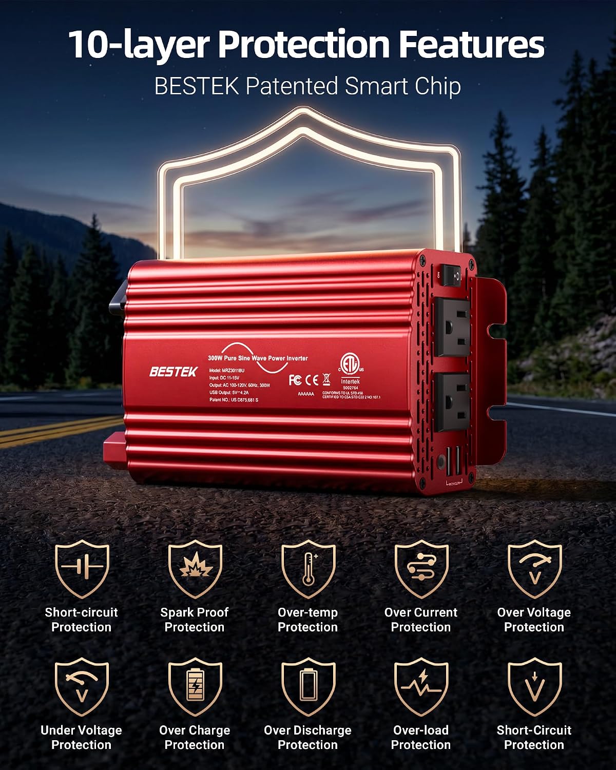 300W Pure Sine Wave Power Inverter - DC 12V to AC 110V Car Converter | 4.8A Dual USB Charging Ports and 2 AC Outlets