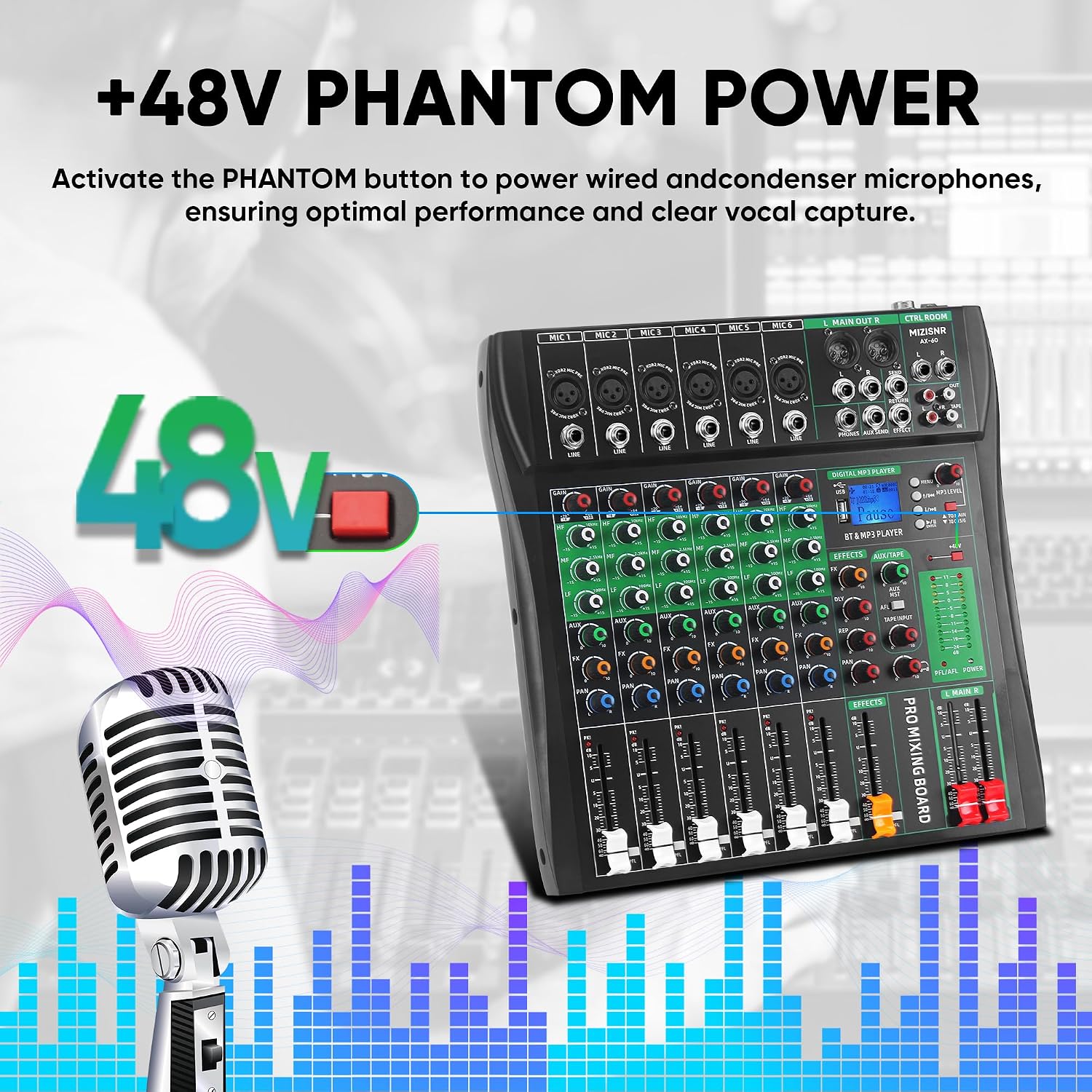 6 Channel Audio Mixer, Professional DJ Mixer Board Sound Music Mixing Console Digital Mixer with Reverb, Bluetooth