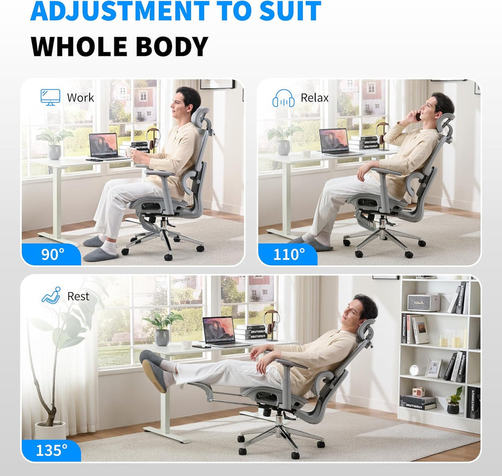 Mesh Ergonomic Office Chair with Footrest, Grey | High Back, Lumbar Support, Adjustable Headrest and Armrests, Gaming