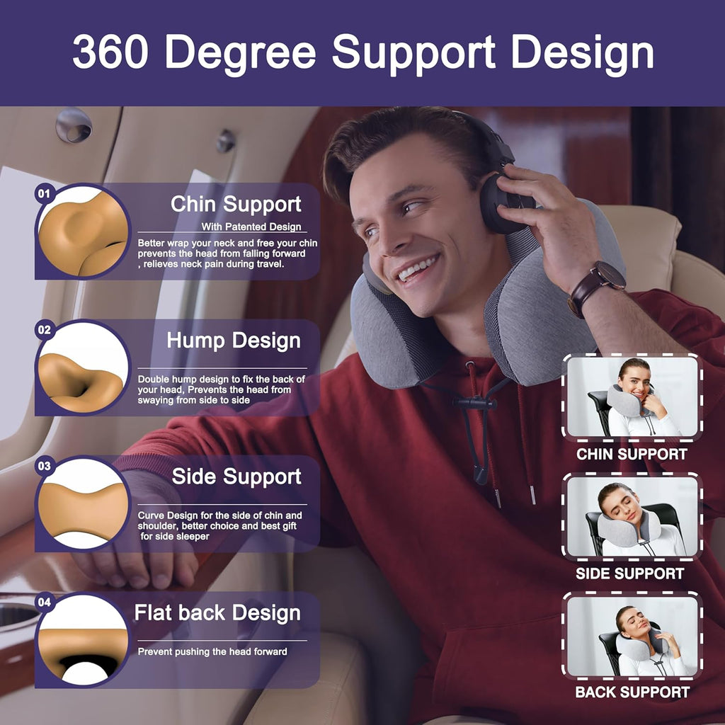 Neck Pillow for Traveling, Upgraded Travel Neck Pillow for Airplane 100% Pure Memory Foam Travel Pillow for Flight