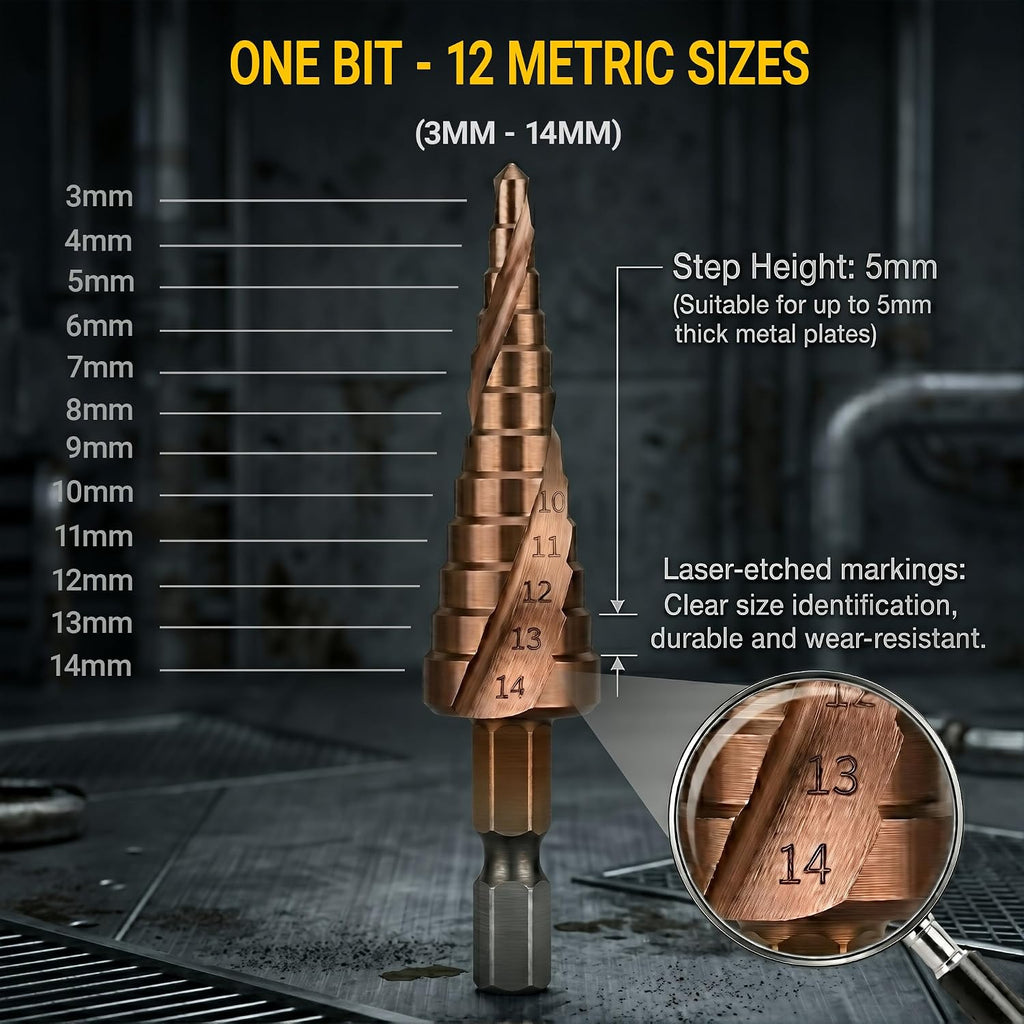 M35 Cobalt Step Drill Bit, Metric 3-14mm, 1/4" Hex Shank, 12 Sizes