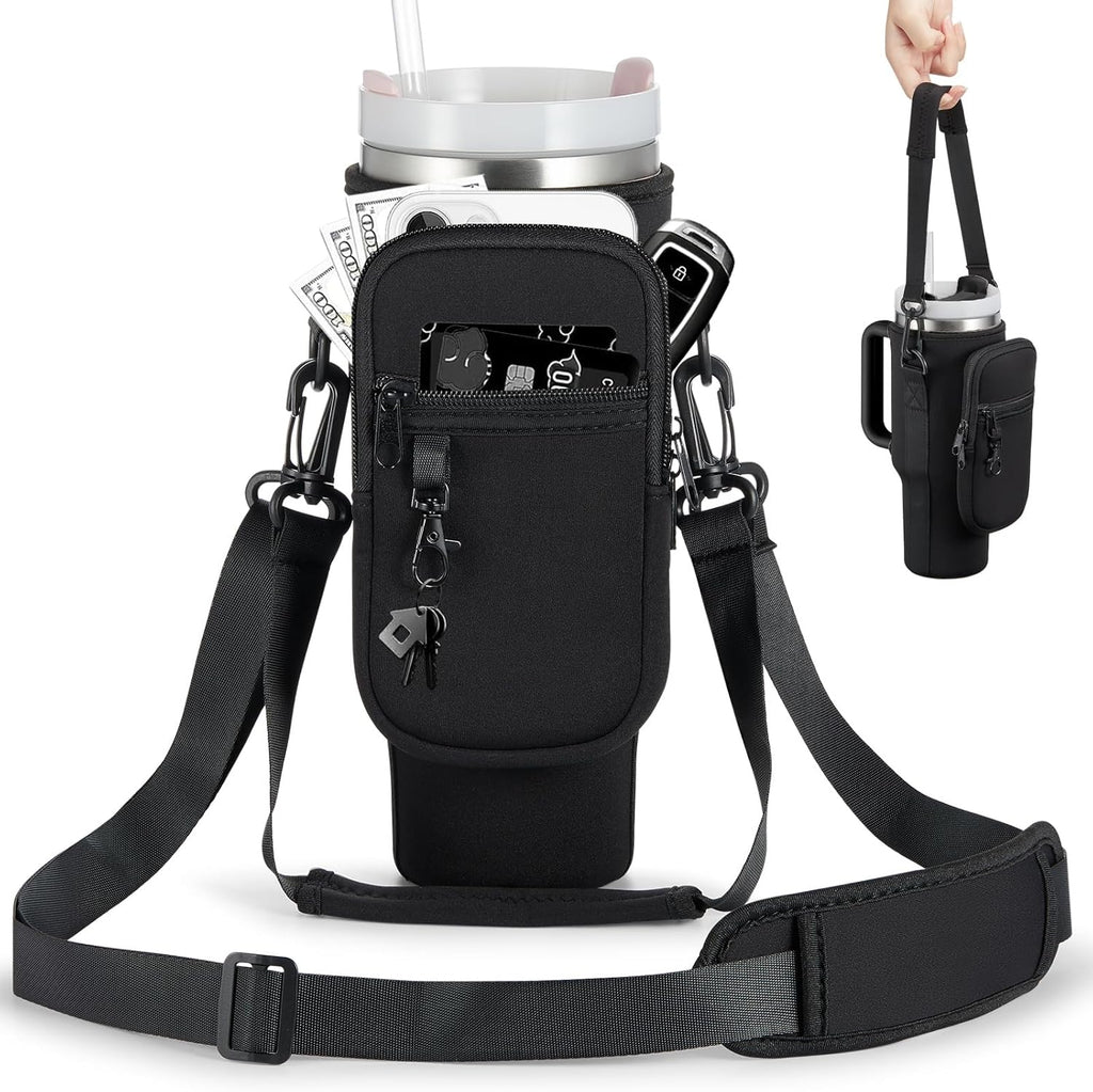 Water Bottle Carrier Bag with Phone Pocket for Stanley 40 & 30 oz Tumbler with Handle,Pink Insulated Neoprene Cup