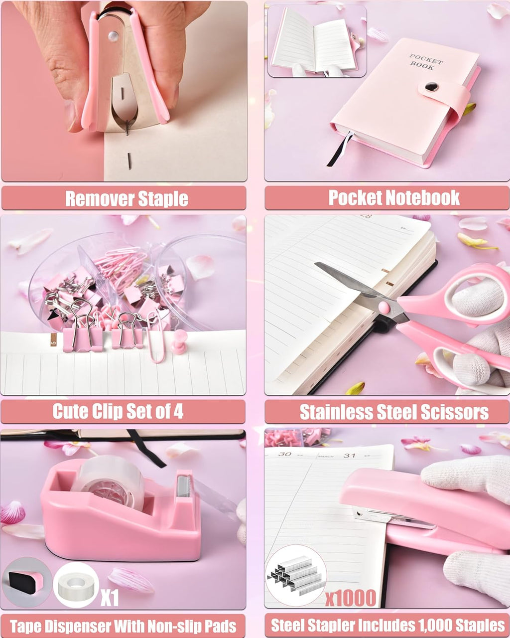 21Pcs Pink Desk Organizers and Accessories With Mesh Desk Organizer and 360°Rotating Pen Holder and a Lot of Office