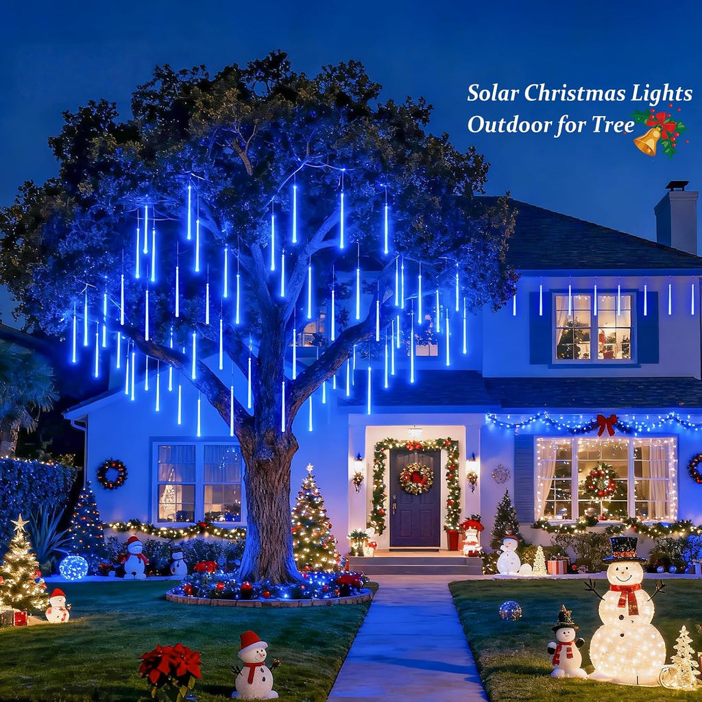 Solar Lights for Outdoor Decor, Solar Meteor Shower Lights Outdoor | 8 Tube 144 LEDs , Hanging Blue Christmas Lights