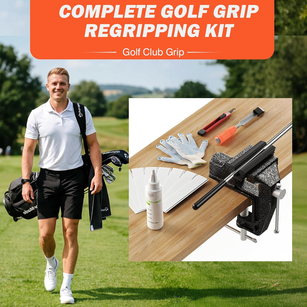 Golf Club Regripping Kit with Bench Vise – Complete Grip Repair & Replacement Set with Rubber Clamp, Solvent, Tape
