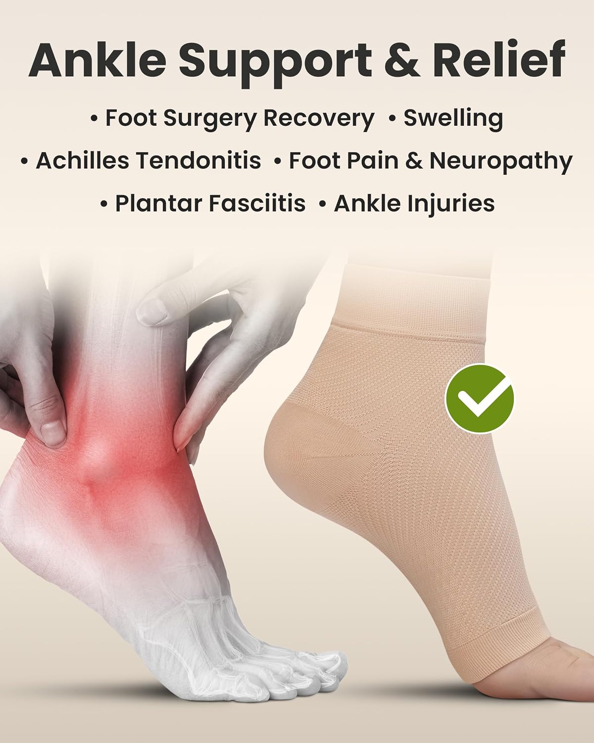 Ankle Compression Sleeve - 1-Pair, Plantar Fasciitis Braces - Open Toe Compression Socks for Swelling, Sprain
