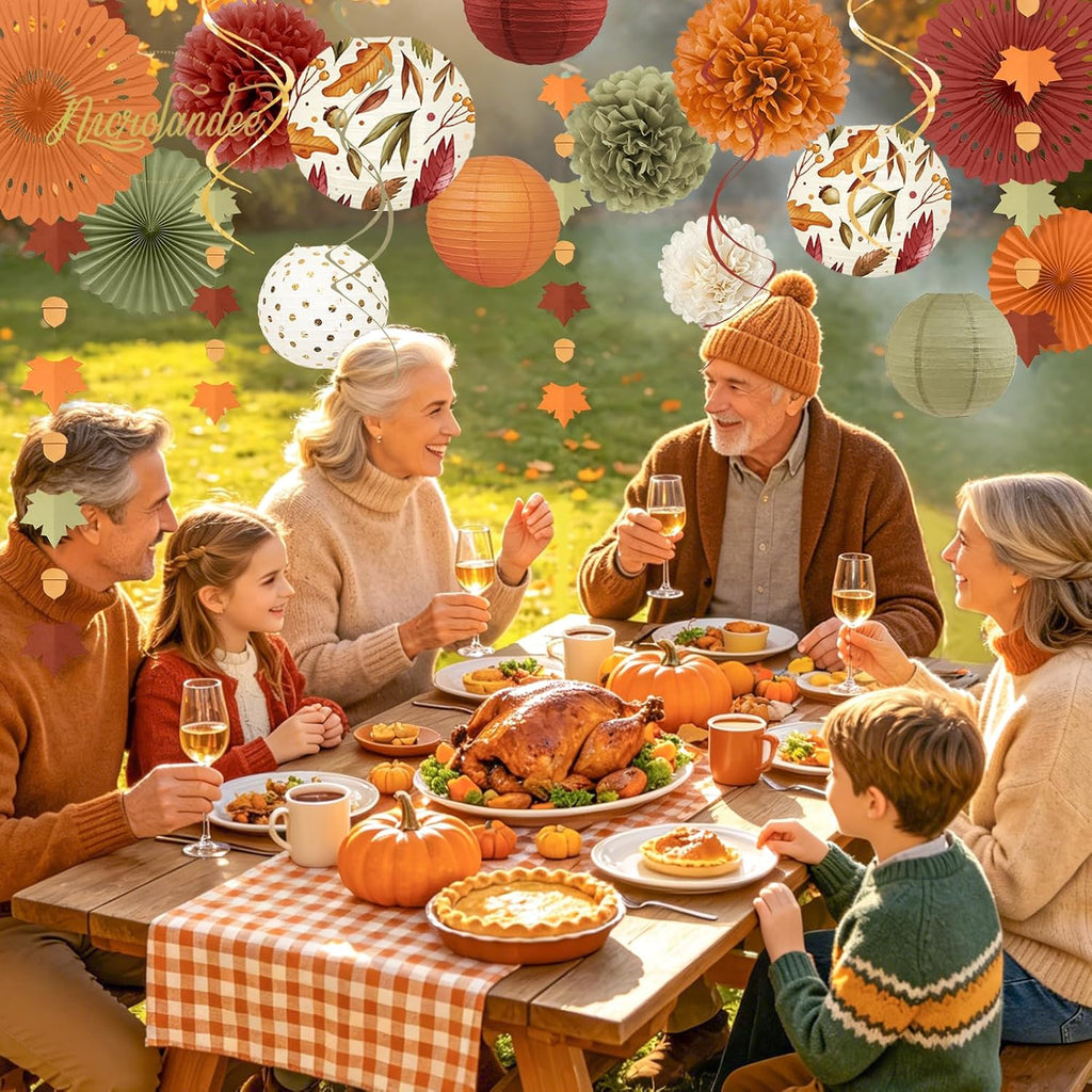 Fall Thanksgiving Decorations 20 PCS Maple Leaf Orange Decor | Tissue Pom Poms Paper Fans Lanterns Garland for