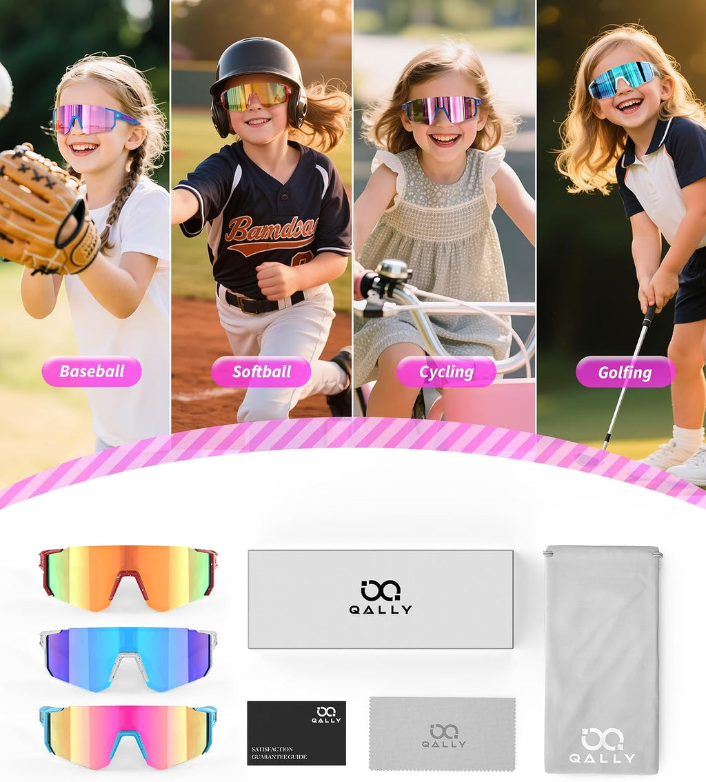 Kids Sunglasses Youth Baseball Softball Sunglasses for Girls Boys Age 4-14 UV Protection Sports Kids 3 Pack