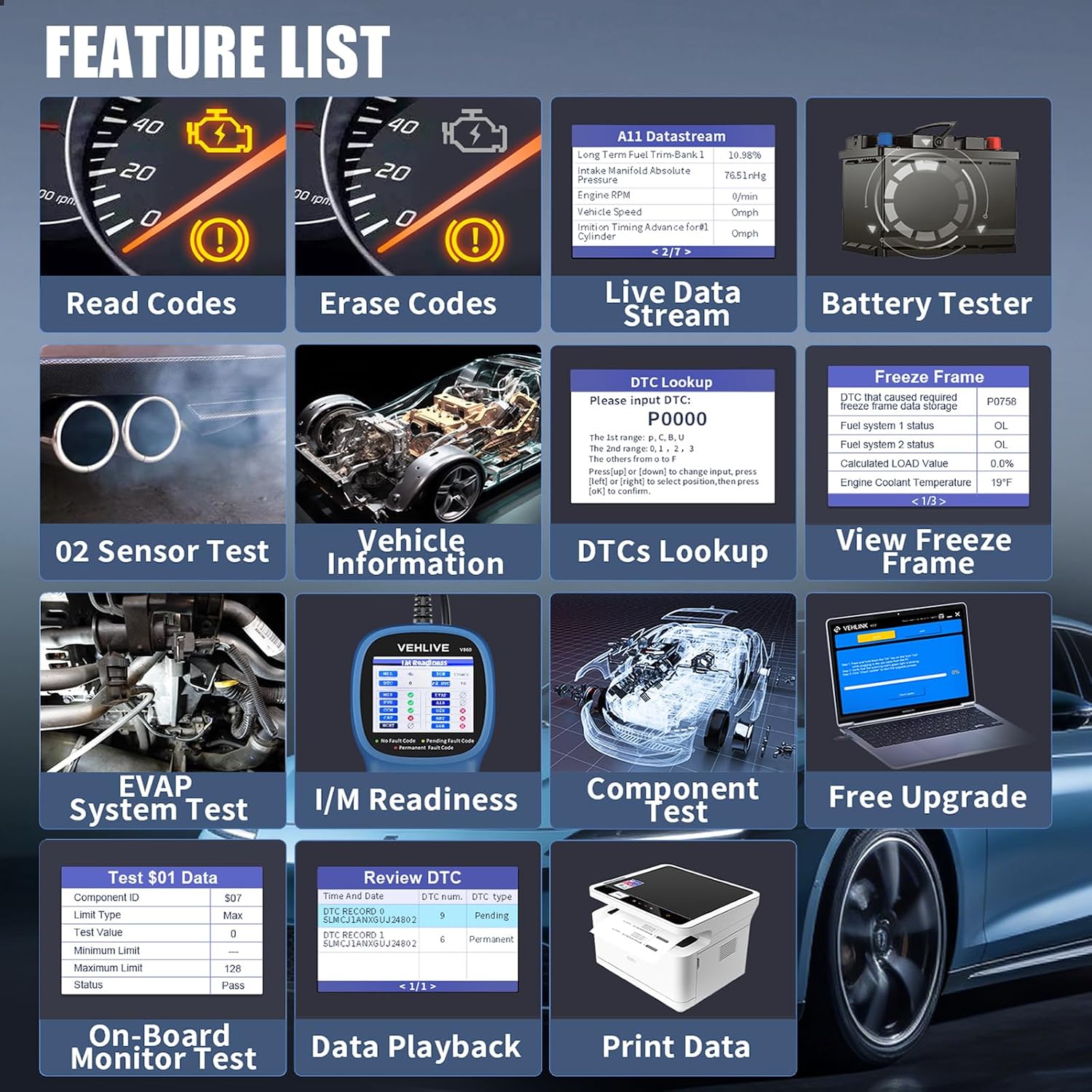 V860 Scanner for Car and Trucks,OBD2 Diagnostic Tools and Code Reader for Engine Check,Battery Test, O2 Sensor and