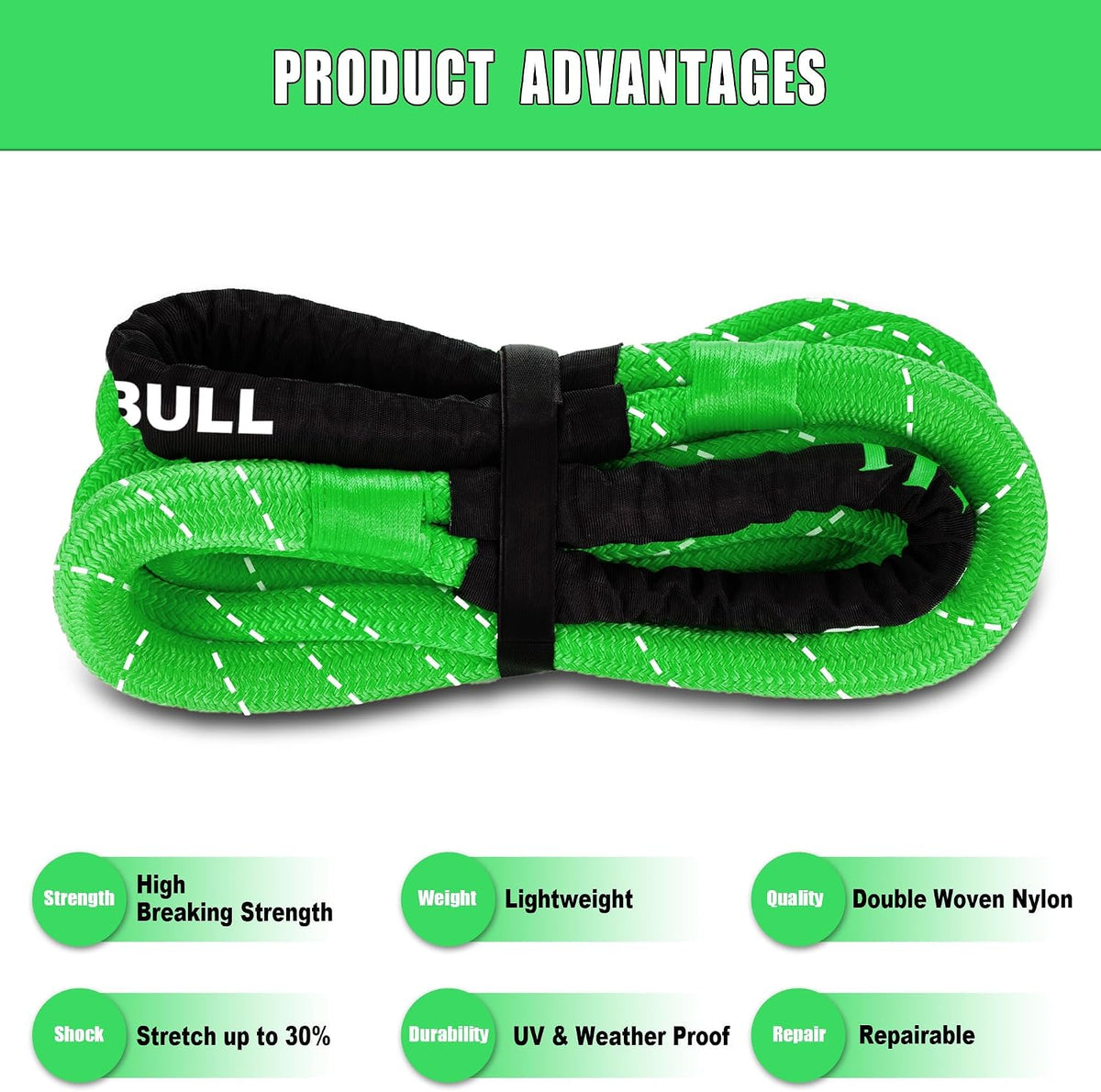 Kinetic Recovery Rope,(1in x 30ft Green) 48,500lbs Snatch Strap, Heavy Duty Stretch Nylon Towing Ropes with 2pcs Soft