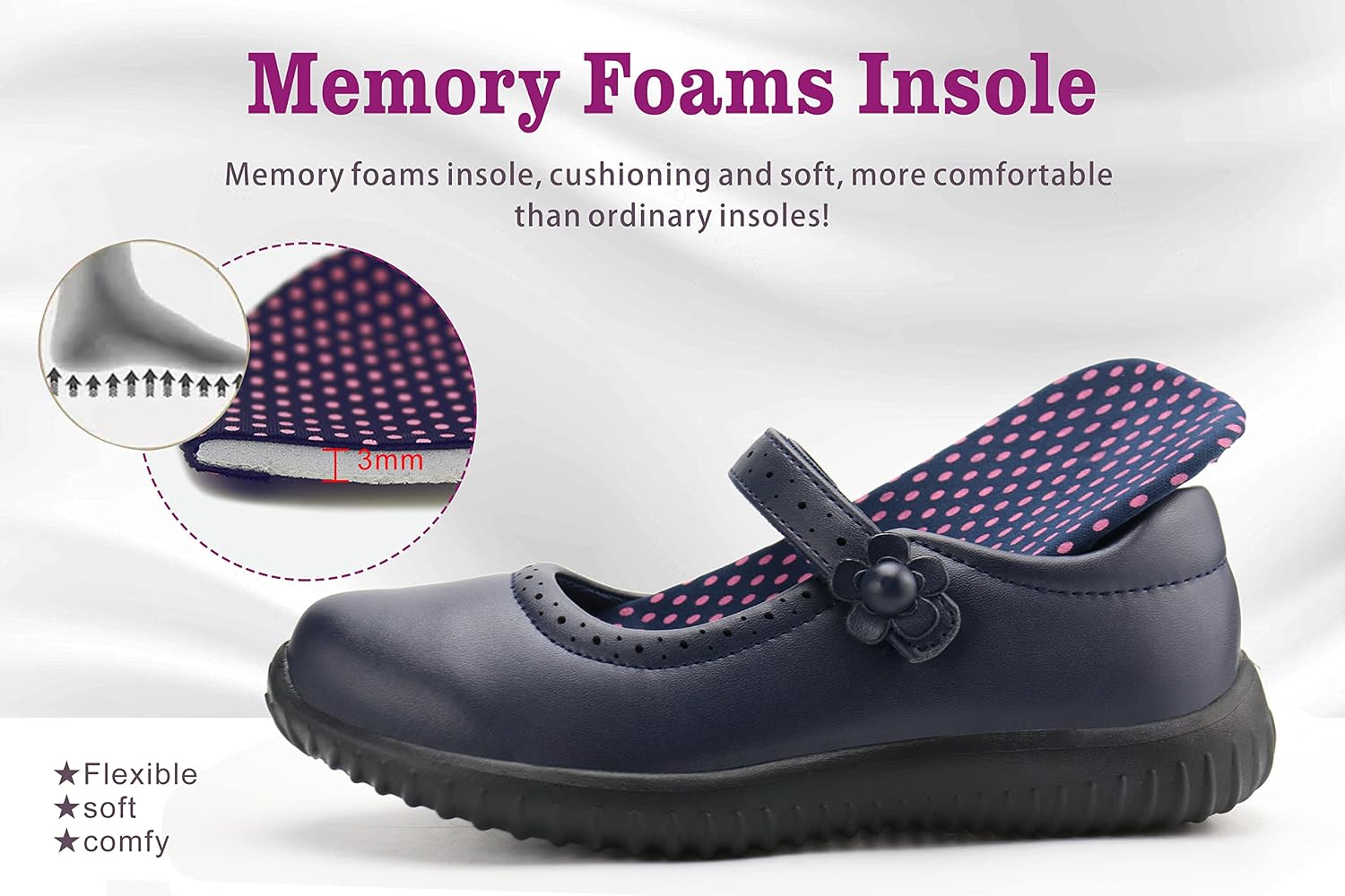 Girl's Mary Jane School Uniform Shoes | Lightweight, Non-marking Sole, Hook & Loop Strap, Soft Insole, All Day