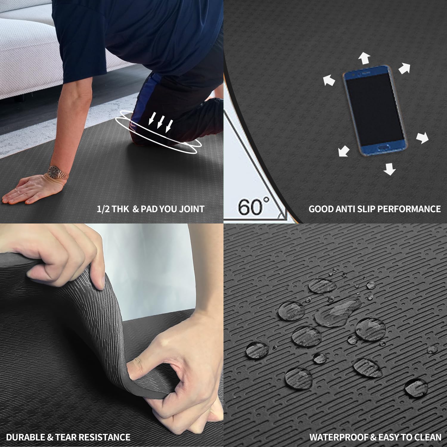 Large TPE Yoga Mat 6'x4'x1/2" Extra Thick Non-Slip Exercise Mat