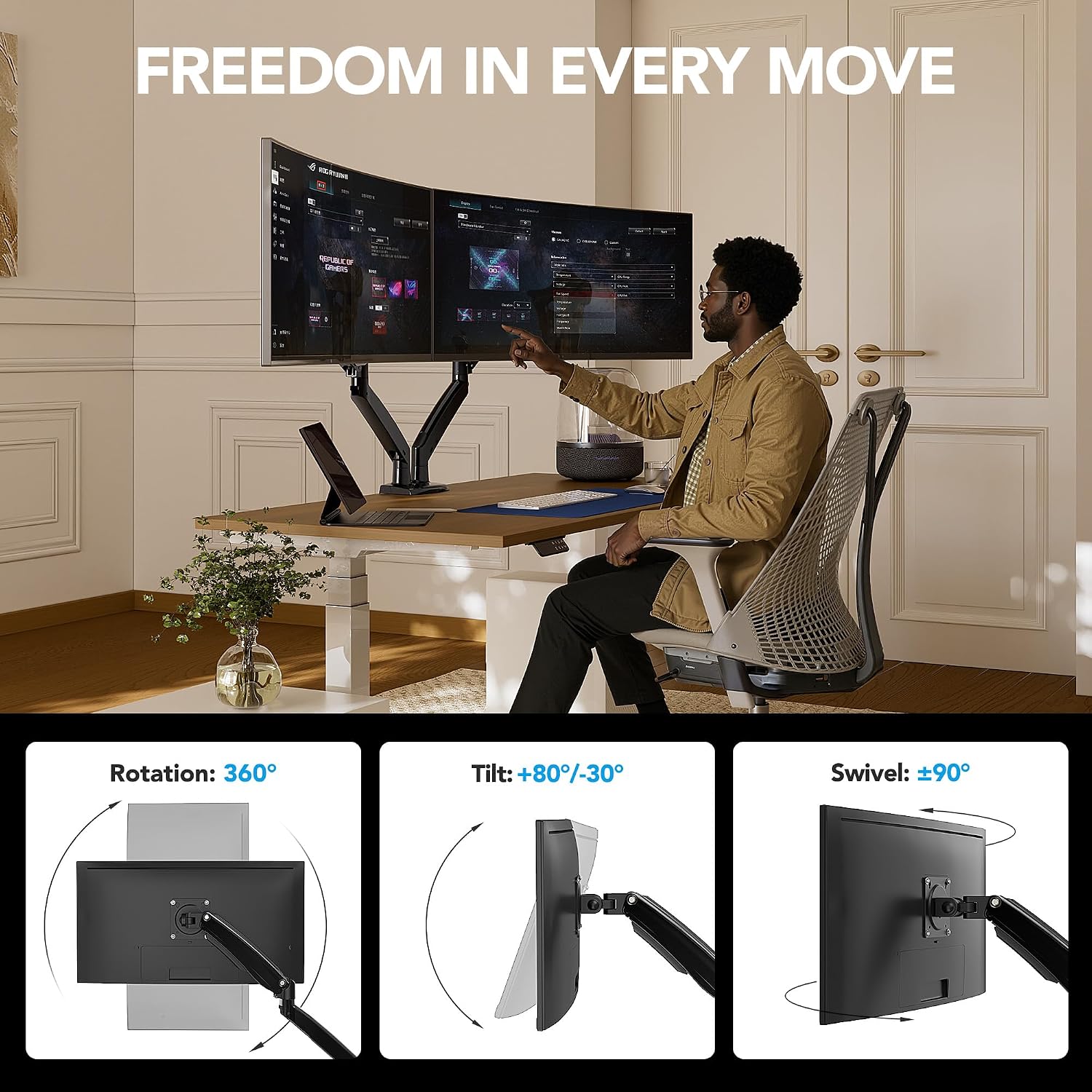 Dual Monitor Stand for 13″–40″, Premium Dual Monitor Mount with USB, Height Adjustable Monitor Stand for 2 Monitors
