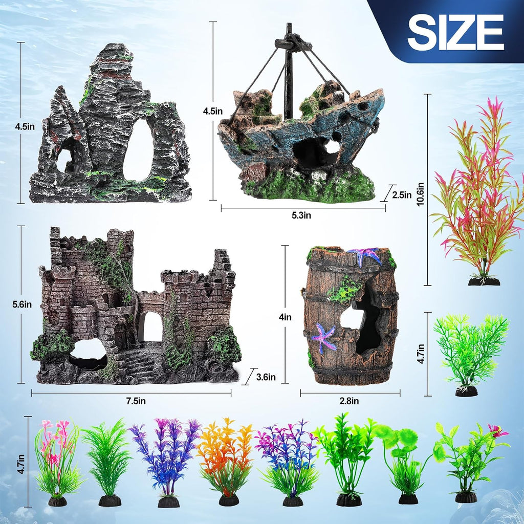 14 Pcs Aquarium Decorations Large Kit，Castle Fish Tank Bubbler Decorations，Starfish Barrel, Resin Cave Rock,Resin