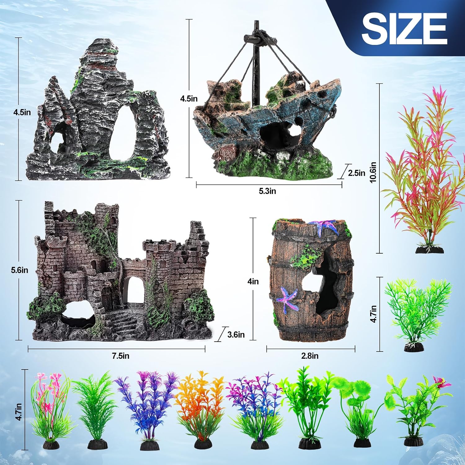 14 Pcs Aquarium Decorations Large Kit，Castle Fish Tank Bubbler Decorations，Starfish Barrel, Resin Cave Rock,Resin