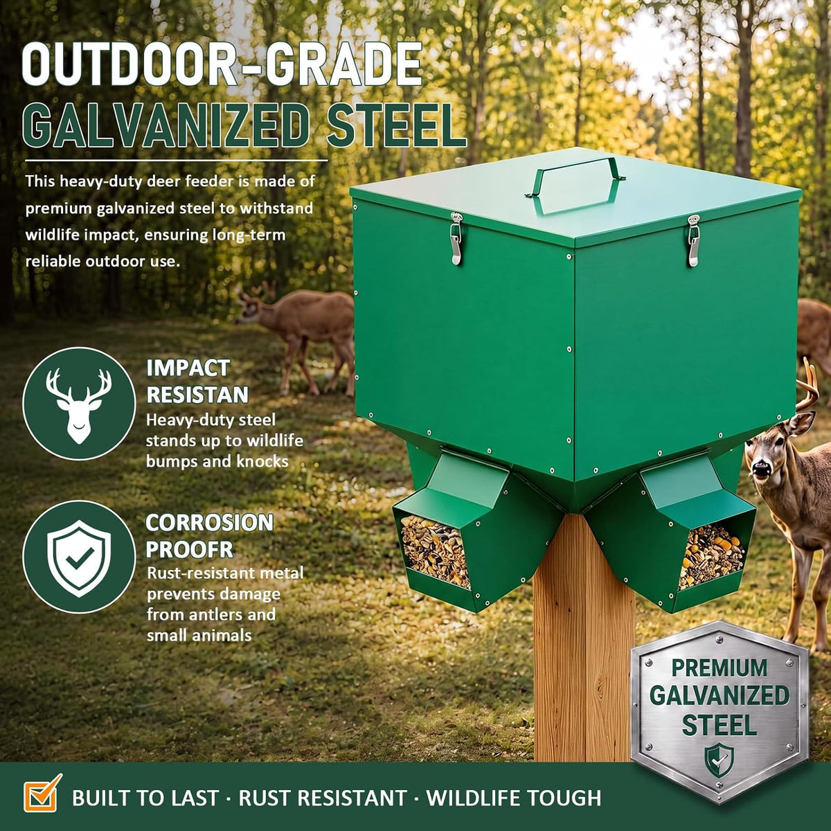 Gravity Deer Feeder, 150 lb Large Metal Hunting Feeder with 4 Ports