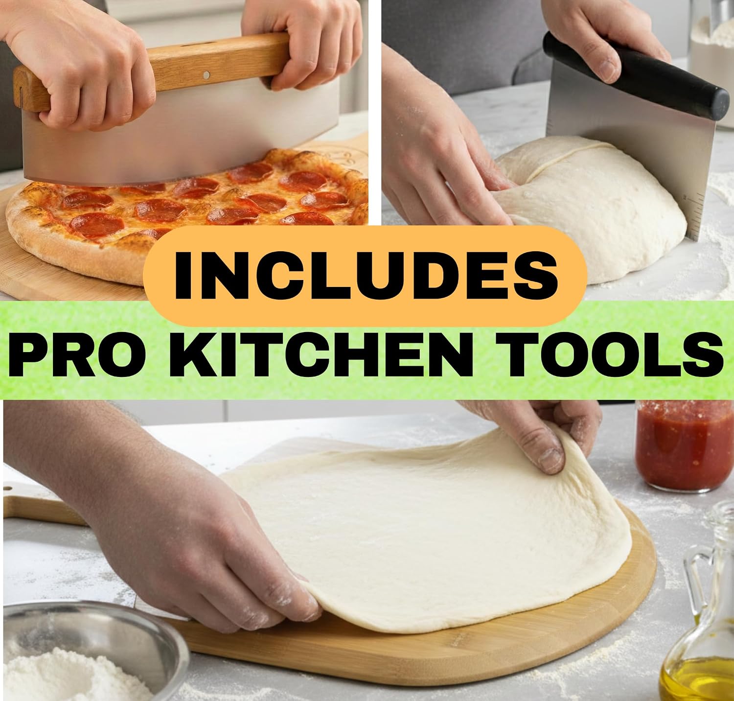 Large Pizza Stone for Oven 16 inch - Round Pizza Stone for Grill with Handles, Wood Pizza Peel and Cutter Set