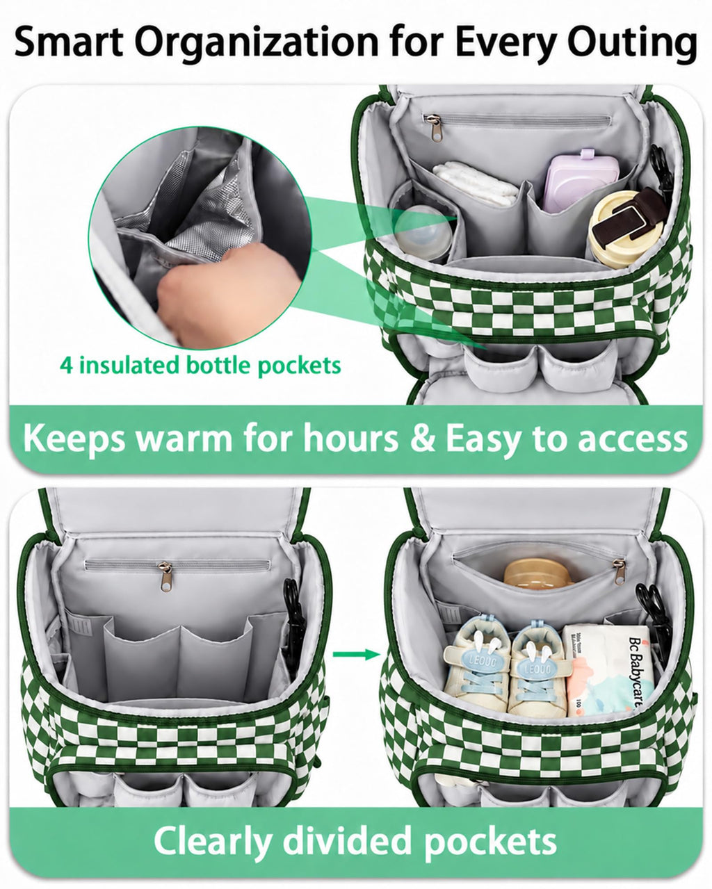 Checkered Diaper Bag Backpack with Changing Pad & Stroller Clips
