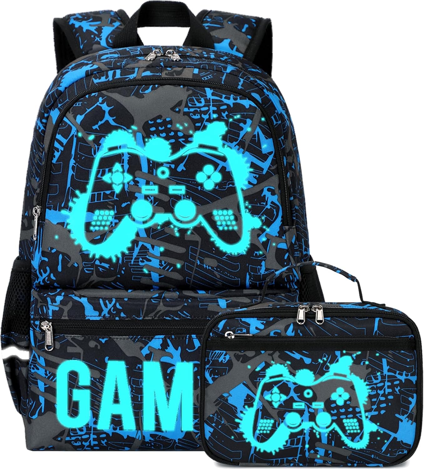 Kids School Backpack for Boys and Girls, Luminous Backpack with Lunch Box, Gamepad Bookbag School Back Pack