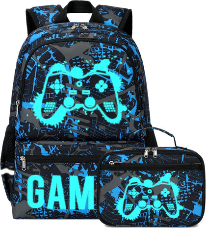 Kids School Backpack for Boys and Girls, Luminous Backpack with Lunch Box, Gamepad Bookbag School Back Pack