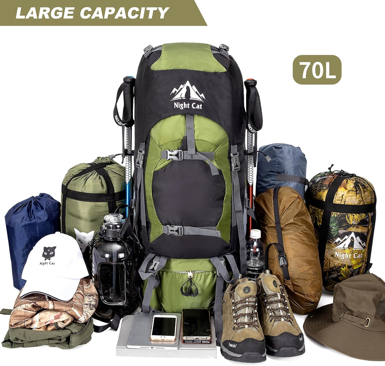 Hiking Backpacks 70L Camping Backpacking Packs for Men Women Lightweight Outdoor for Mountaineering Traveling, No