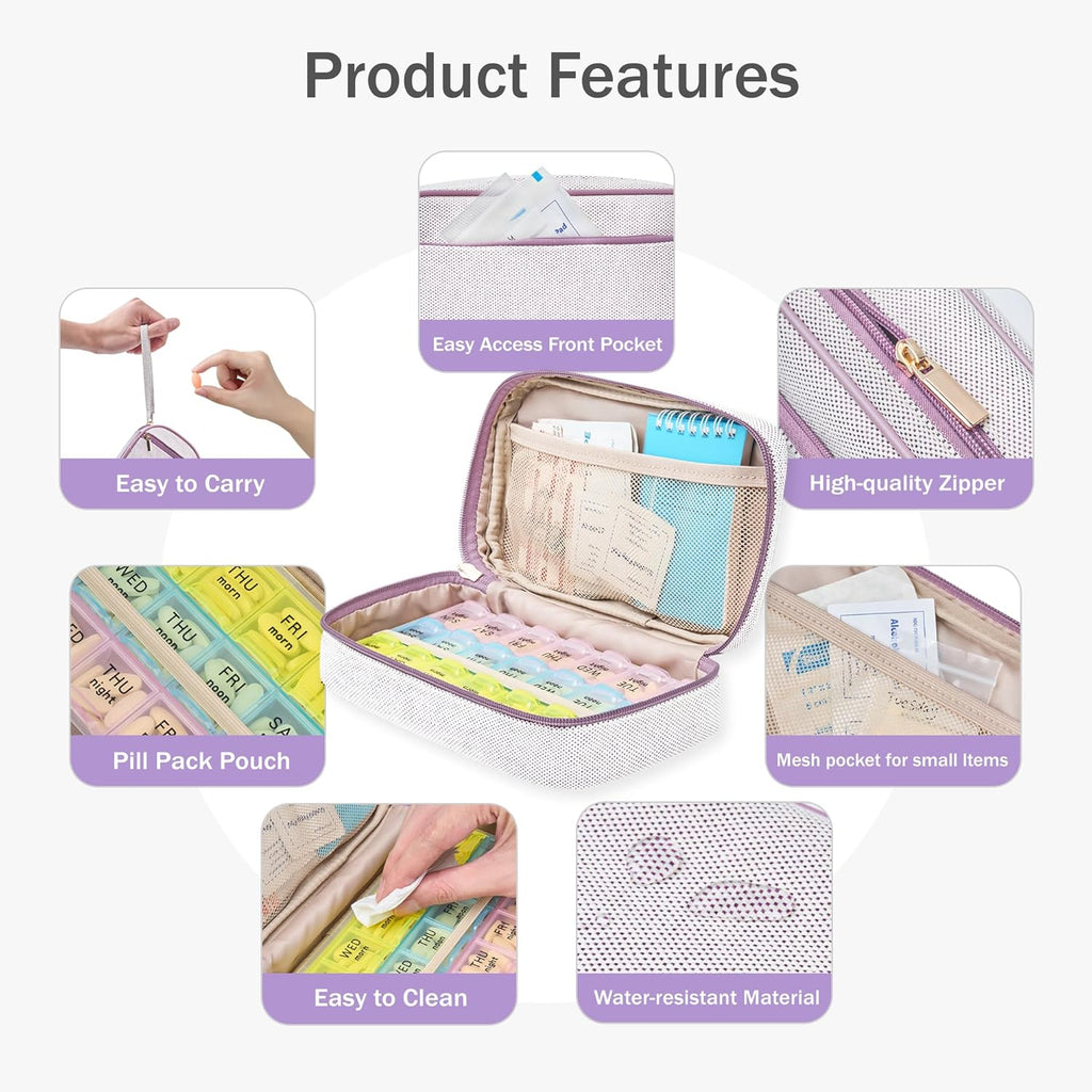 Weekly Travel Pill Organizer 3 Times A Day Pill Case for Purse with Removable 7 Day Pill Box Holder,Cute Medication