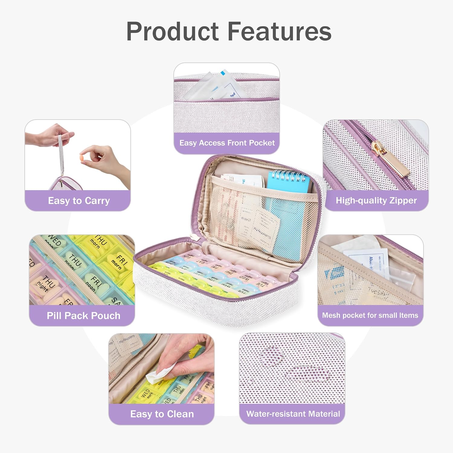 Weekly Travel Pill Organizer 3 Times A Day Pill Case for Purse with Removable 7 Day Pill Box Holder,Cute Medication