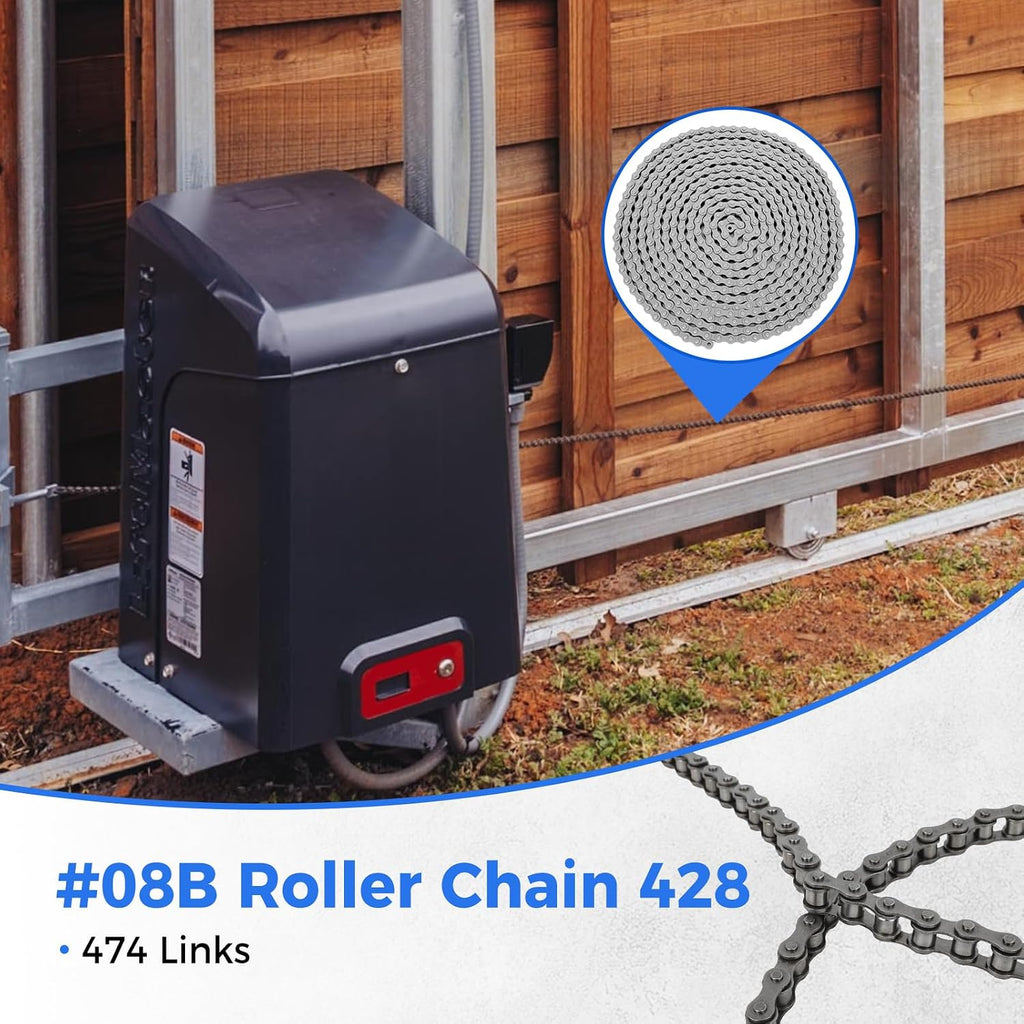 428 Roller Chain 20 Feet 478 Links, 08B Simplex Roller Chain for Chain Driven Sliding Gate Garage Openers, Extension 08B Metric Standard 428#, Includes Chain Breaker and 12 Connecting Links