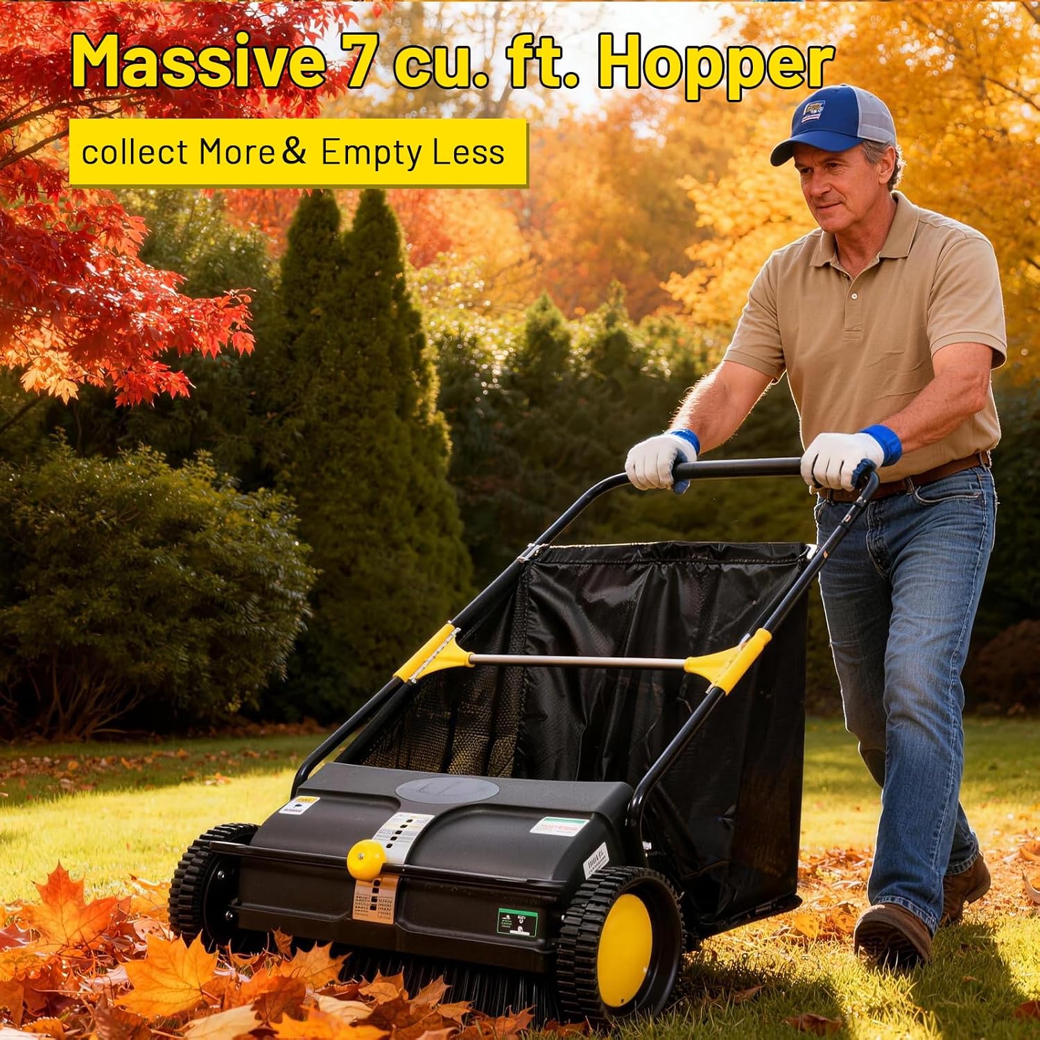 21 Inch Push Lawn Sweeper, Hand Powered Leaf & Grass Sweeper with 7 Cu Ft Hopper, 4 High-Speed Brushes, Height
