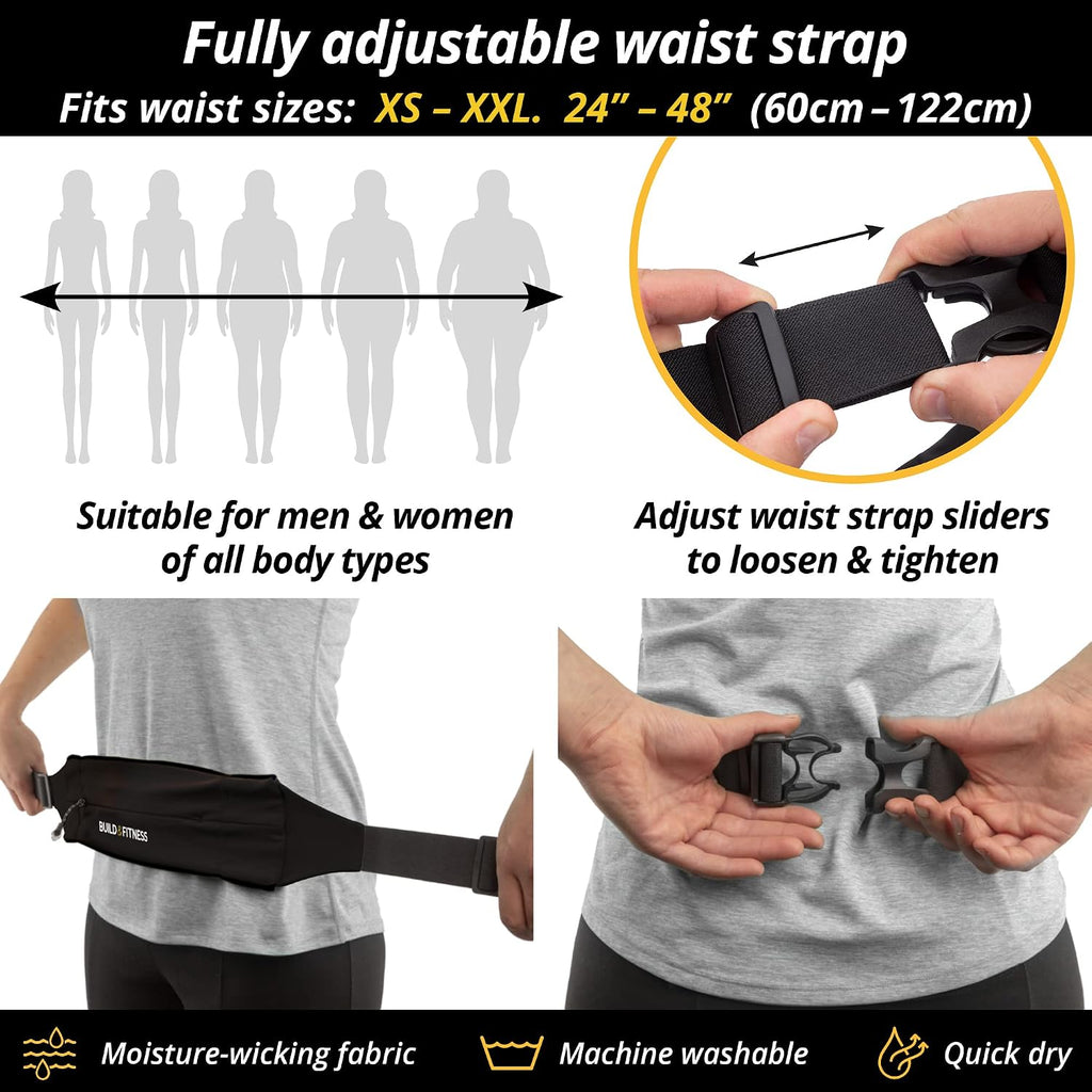 Zipper Running Belt – Adjustable Waist Pack, Slim, Light, YKK Zip, Secure Key Clip – Fits ALL Cell Phones, Keys