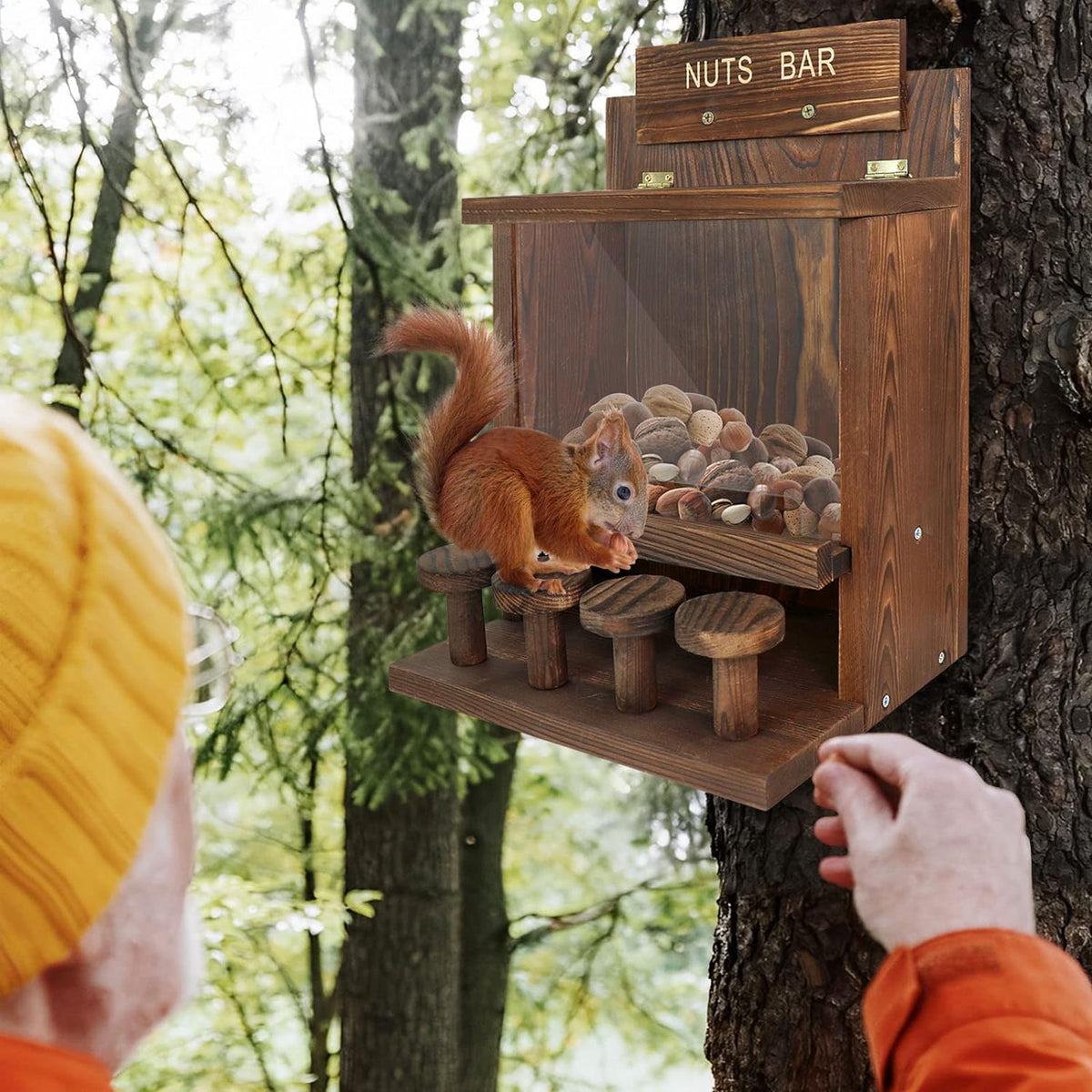 Carbonized Squirrel Feeder, Large Squirrel Feeders for Outside Funny Squrrill Nuts Bar, Durable Wooden Chipmunk House