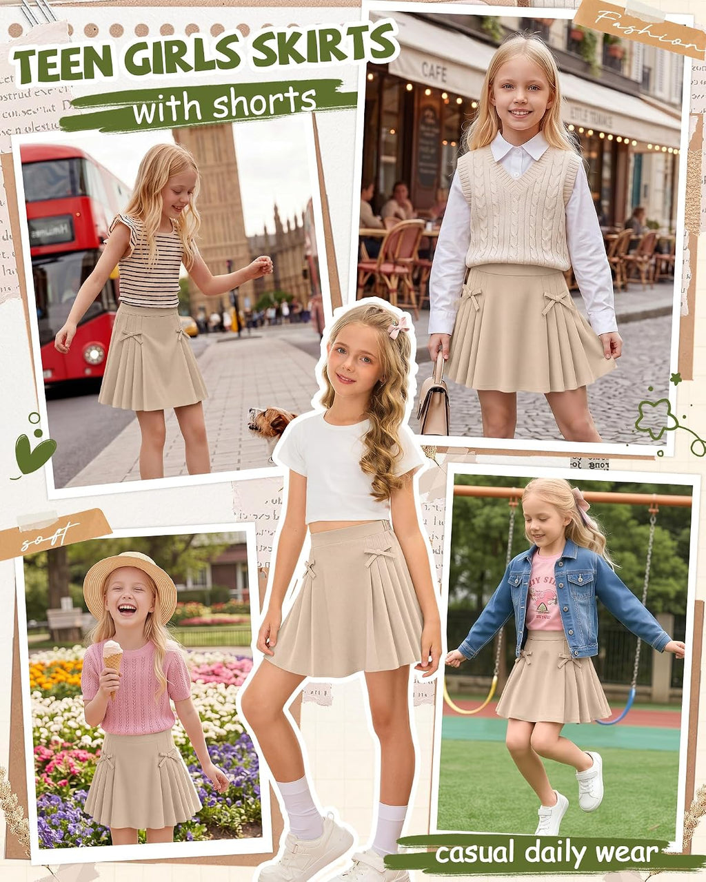 Girls Pleated School Uniform Skorts, Khaki, 13-14 Years | Elastic Waist, Bow Detail, Pleated Skirt Look, Built-in