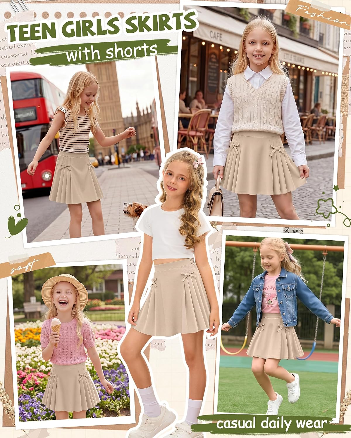 Girls Pleated School Uniform Skorts, Khaki, 13-14 Years | Elastic Waist, Bow Detail, Pleated Skirt Look, Built-in