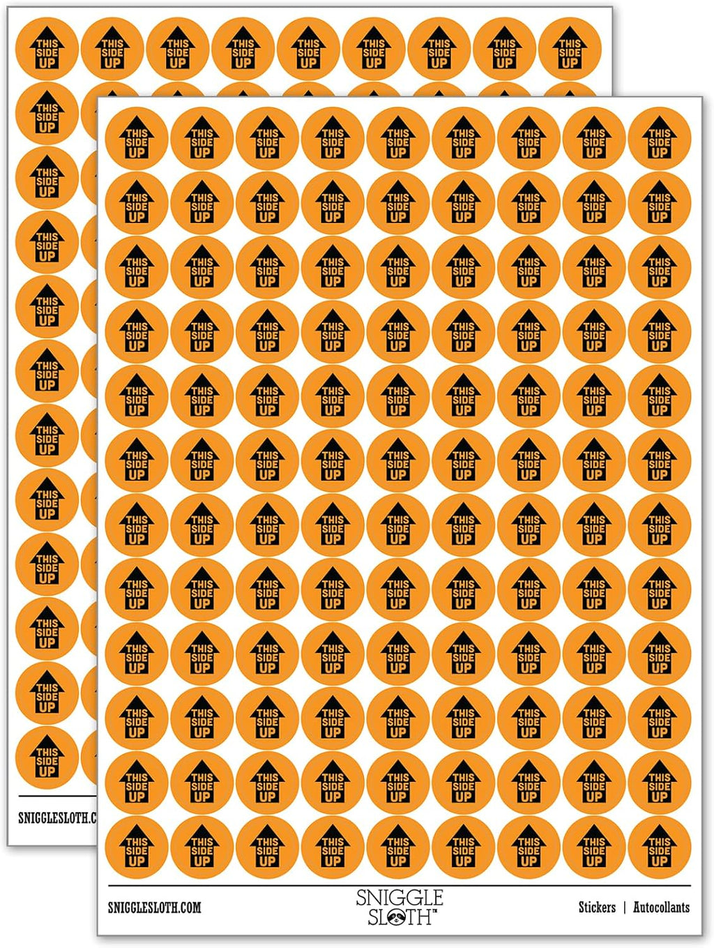 This Side Up Arrow with Text Icon 200+ Round Stickers - Gloss Finish - 0.50" Size - Orange