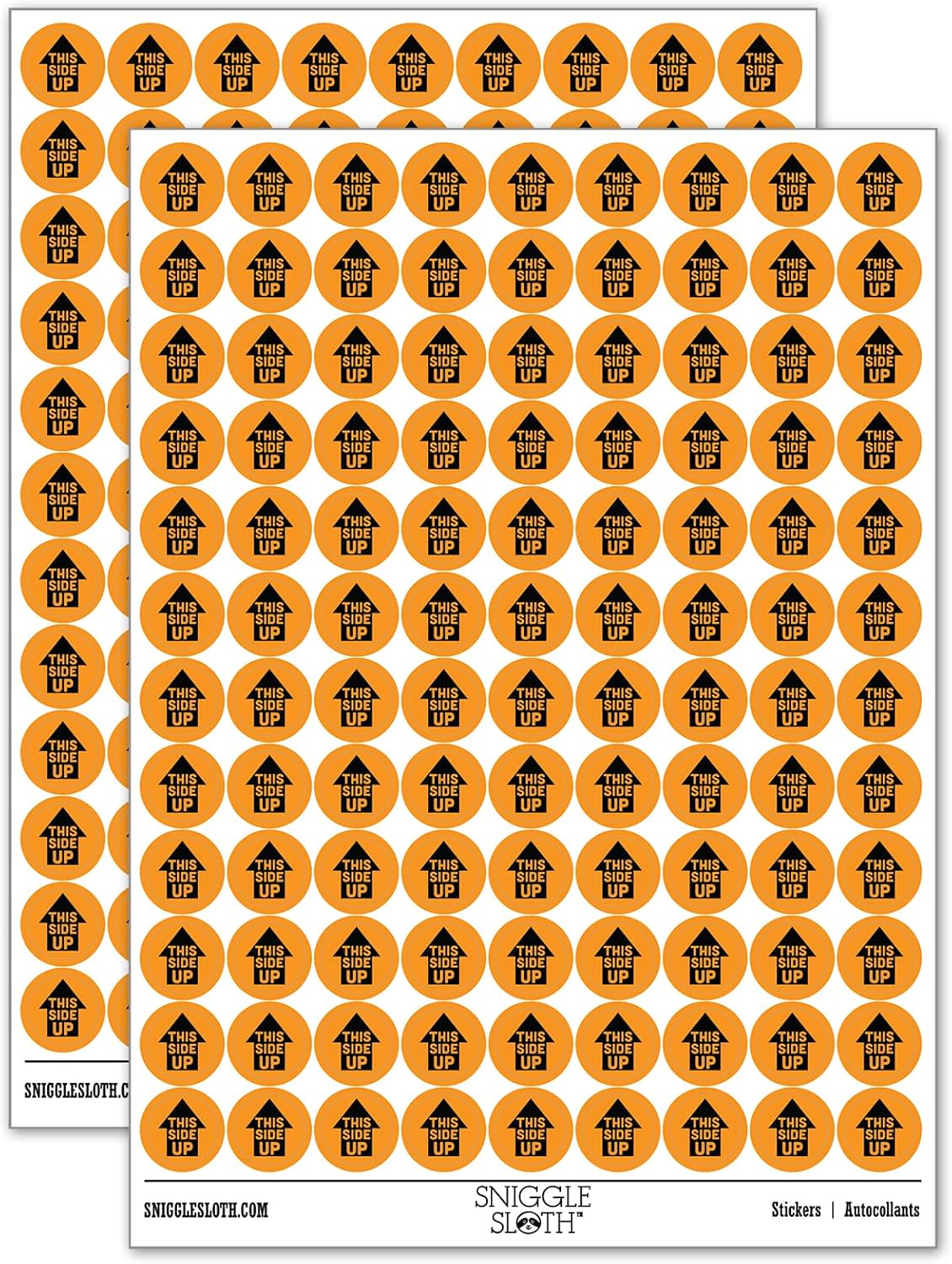 This Side Up Arrow with Text Icon 200+ Round Stickers - Gloss Finish - 0.50" Size - Orange