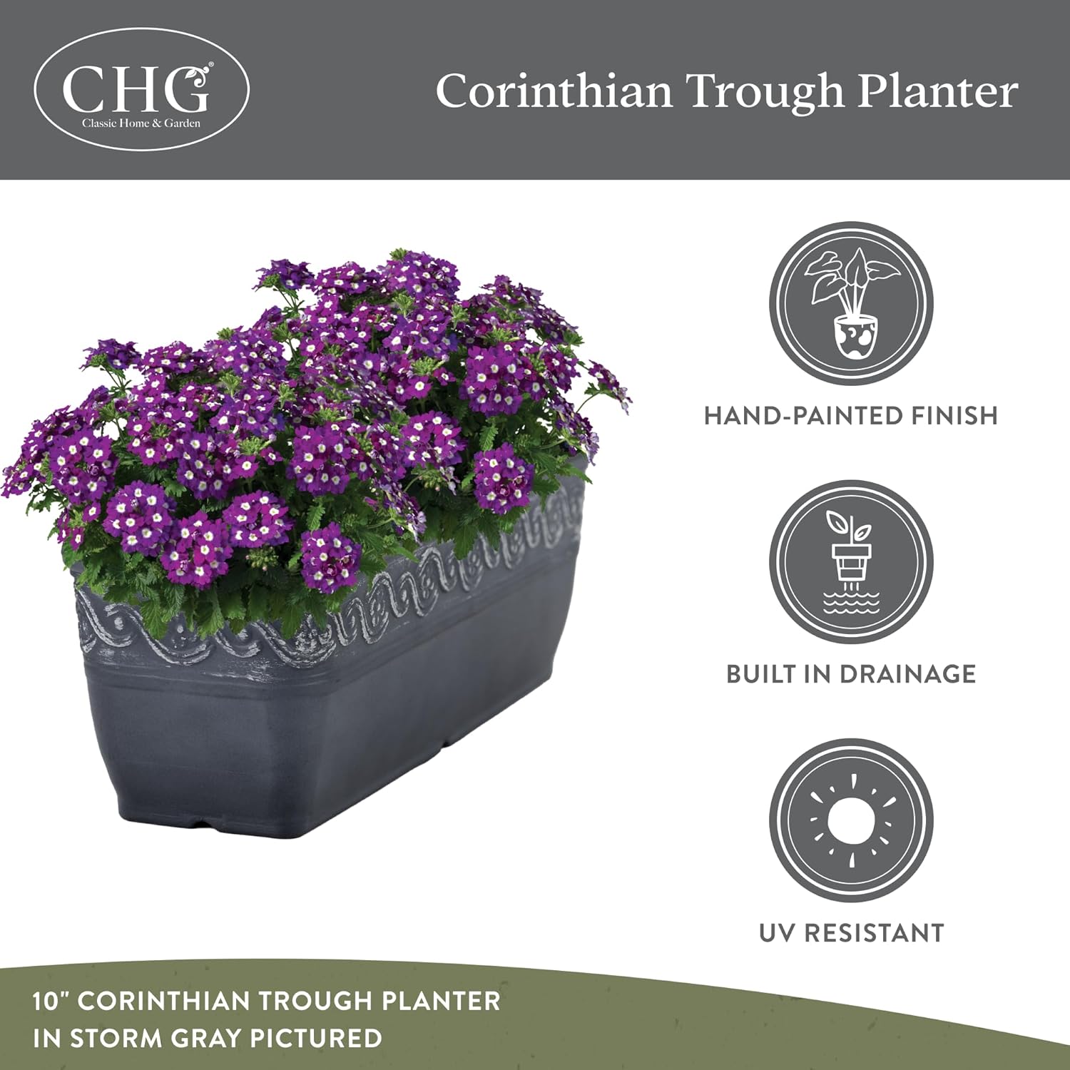 Classic Home and Garden by Growscape Corinthian Rectangular Planter Box w/Drain Plug - Small Succulent Pots - Shallow