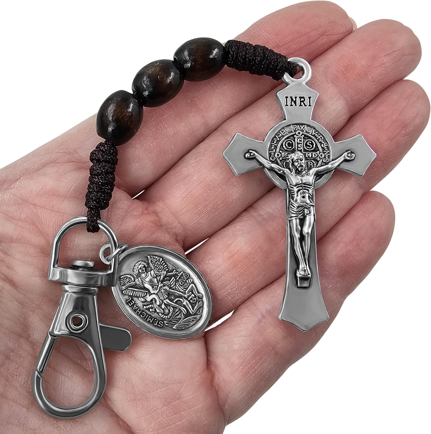 Catholic Rosary Keychain for Car St Benedict Cross Saint Michael