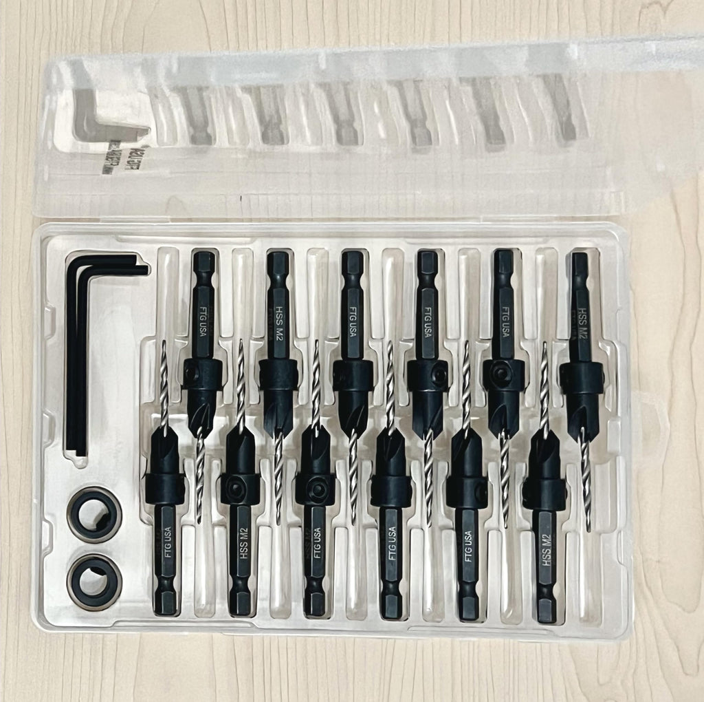 FTG USA 12 Pc #4 (7/64") Tapered Countersink Drill Bit Set with 2 Stops