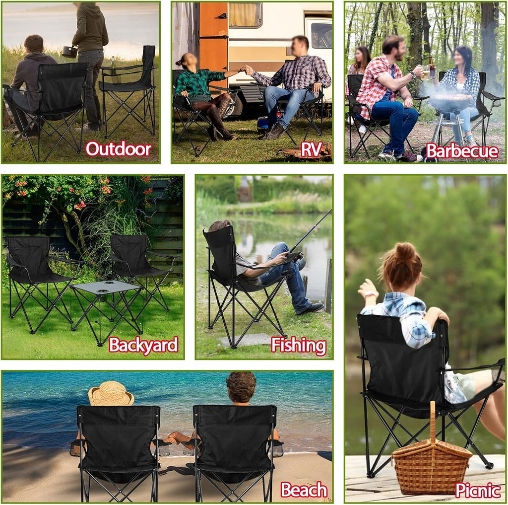 Folding Camping Chair Set of 3, Foldable Black Camp Chairs & Grey Table, Large Lawn Chair Portable for Adults Hiking
