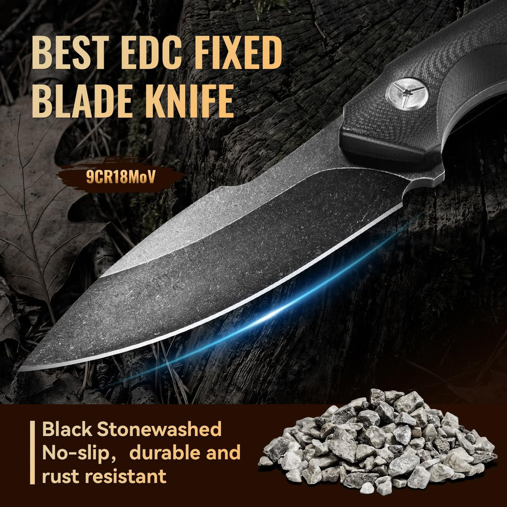Fixed Blade Knife with Sheath, Black Stonewash Blade 4.33" Camping Knife with G10 Handle & Hidden Tool, Full Tang
