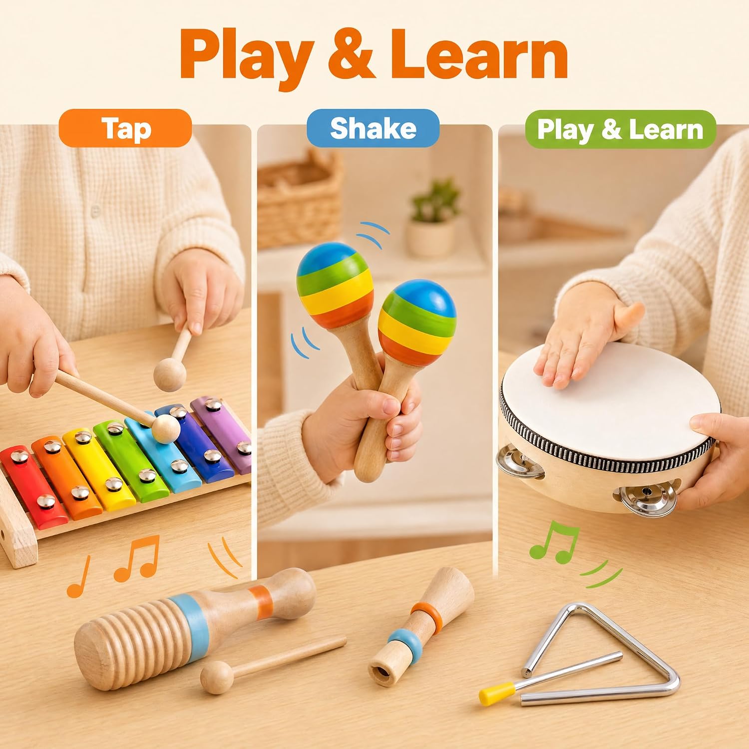 Montessori Wooden Musical Instruments for Toddlers, Educational Baby Drum Set with Xylophone & Maracas and More