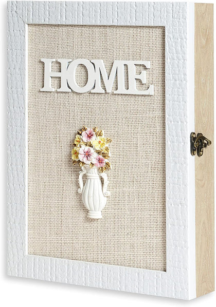 Wooden Key Box Wall Mount - Cute Rustic Decorative Cabinet - Premium Holder With 6-Hooks - Small White Box